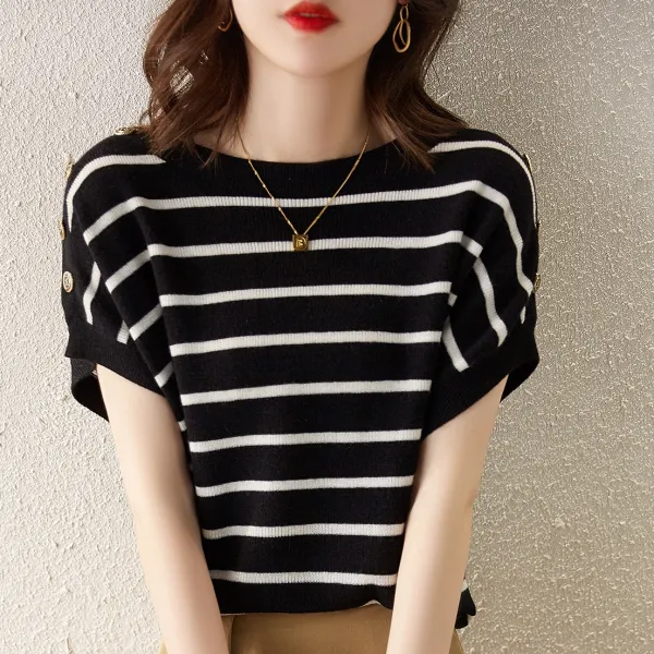 リピー数高 半袖 切り替え ドルマンスリーブ 配色 ボーダー エレガント シャツ