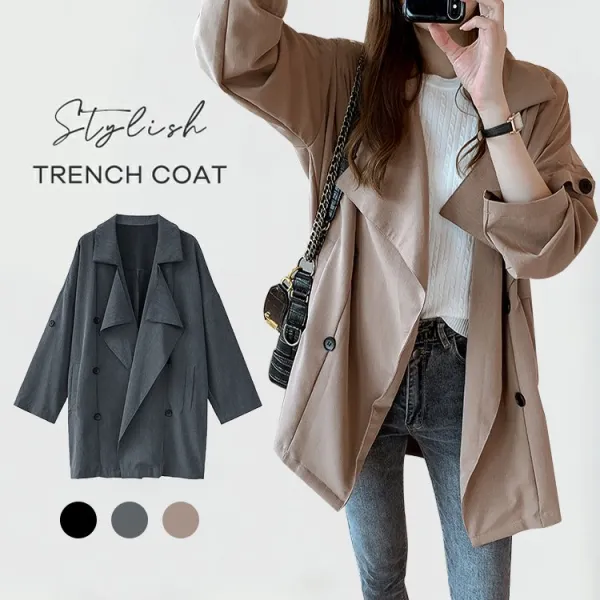 無地ダブルブレスト折り襟ボタントレンチコート