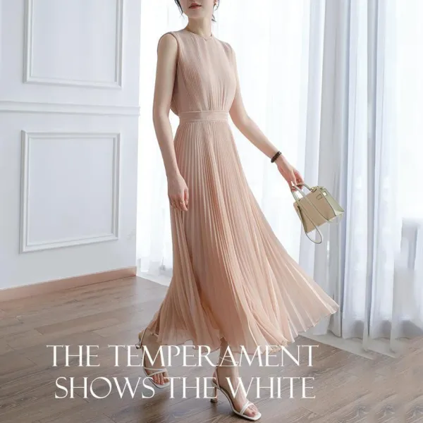 エレガントワンピース無地ノースリーブラウンドネック｜大人可愛い