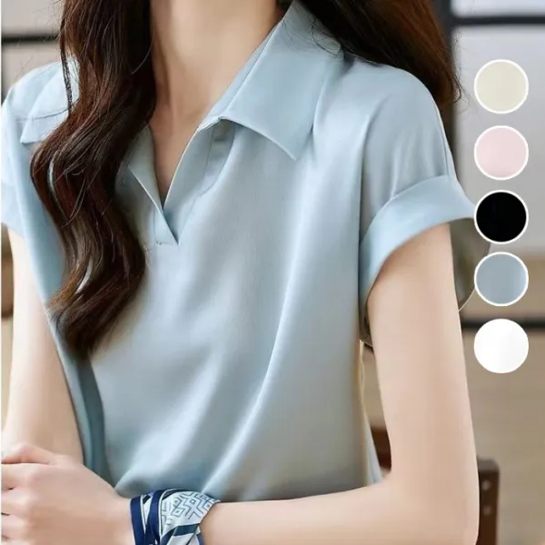 Basic日常簡約着痩せ効果カジュアル通勤無地POLOネック半袖シャツブラック黑ホワイト白ブルー青ピンク