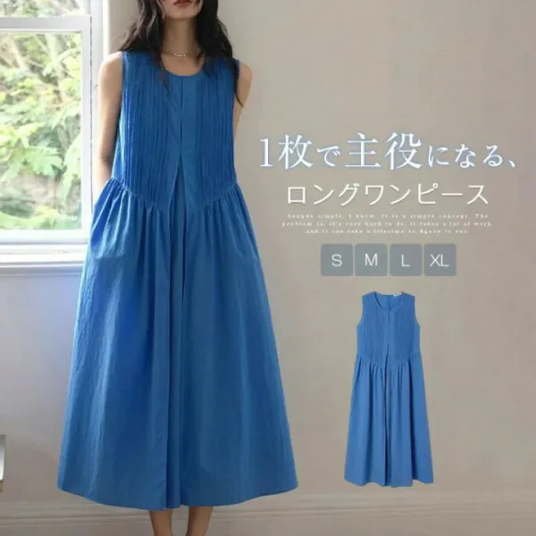 ワンピース ノースリーブ レディース 夏 リゾート ワンピース タンクワンピース ロング ワンピース ロング丈 ワンピ 袖なし aライン ギャザー ワンピース きれいめ クルーネック フレア ワンピース Aライン ゆったり 体型カバー レトロ 可愛い おしゃれ 無地