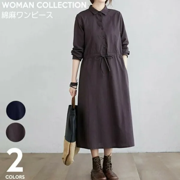 ワンピース レディース 春 秋 ロングワンピース 長袖 ロング丈 ロング カジュアル おしゃれ 可愛い 体型カバー 大人 ゆったり 重ね着 無地 膝丈 ブラック 黒 綿麻 冬 20代 30代 40代