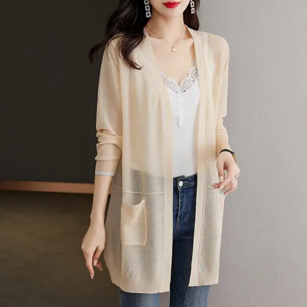 今季注目 心地よい 配色 透け感 サマーニット 着痩せ効果 日焼け止め レディース ポケット付き カーディガン