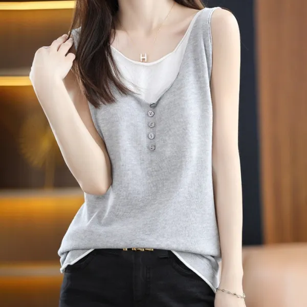 【全4色】キャミソールラウンドネックノースリーブ切り替え配色 | 上品なシルエット