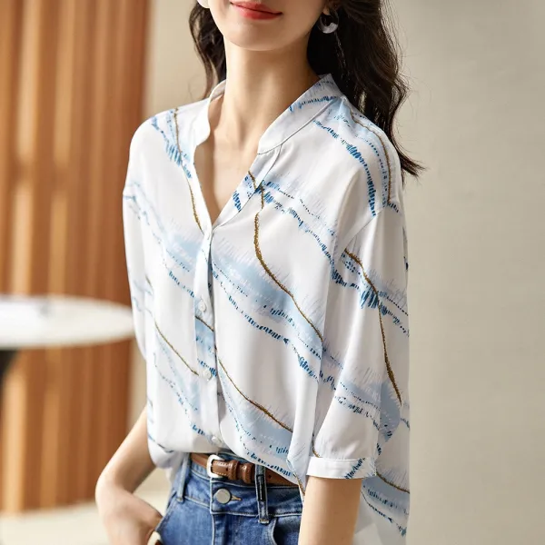 シャツ折襟五分袖プリント | ファッション感満々
