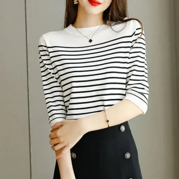 【全2色】ニットボーダーラウンドネック切り替え | トレンドアイテム