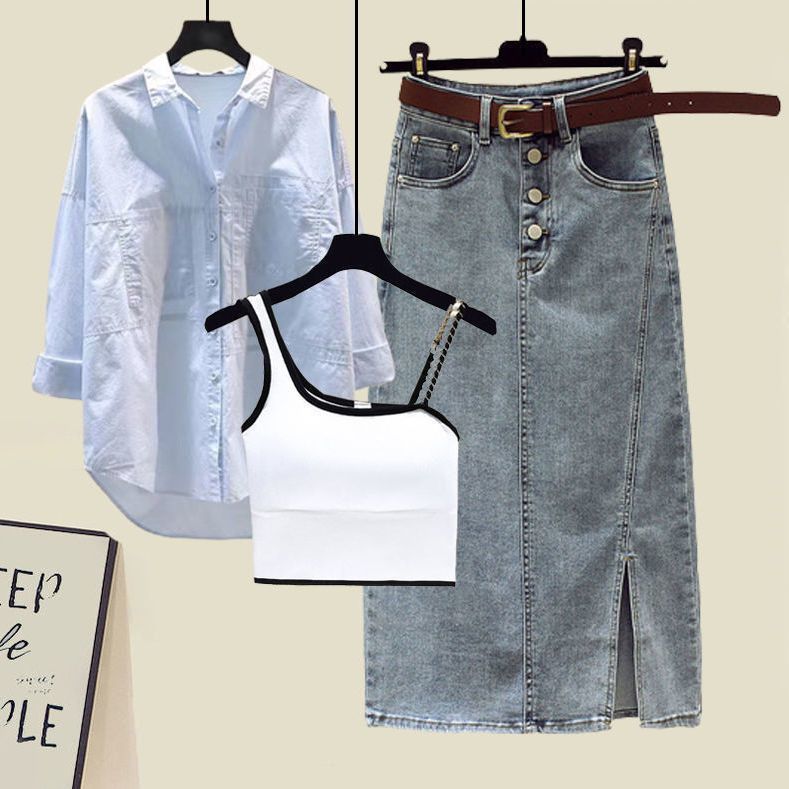 3点セット/ホワイト/タンクトップ＋ブルー/シャツ＋スカート