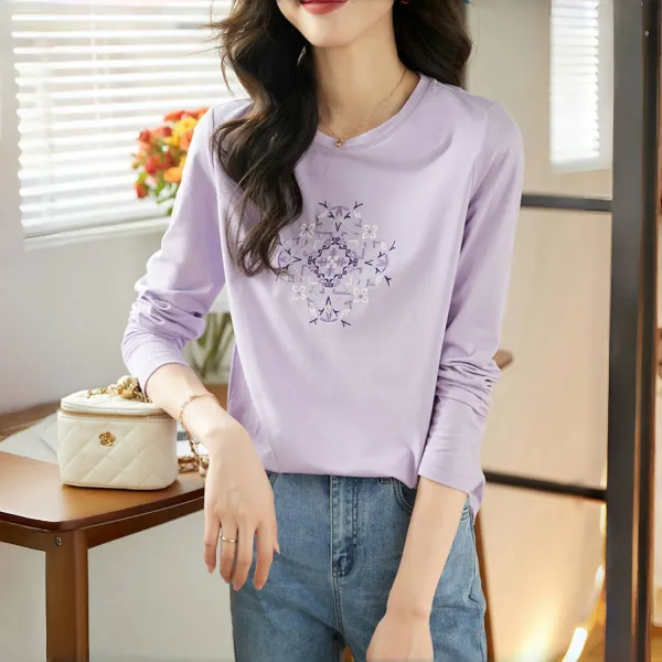 【全2色】Tシャツ長袖プリントラウンドネック｜着痩せ大人可愛い