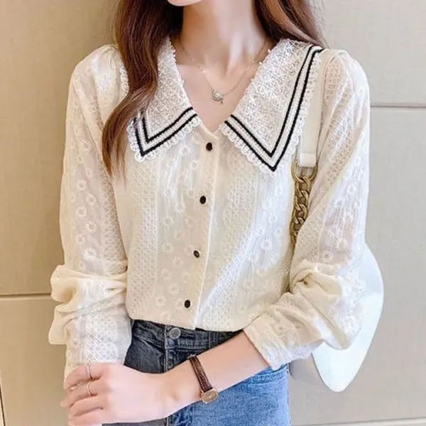 シャツブラウス長袖トップス ピーターパンカラー Vネック ボタン スウィート | 上品さたっぷり