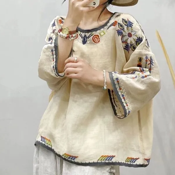 高見えデザイン人気新作配色プリント刺繍切り替え半袖体型カバー着痩せTシャツ