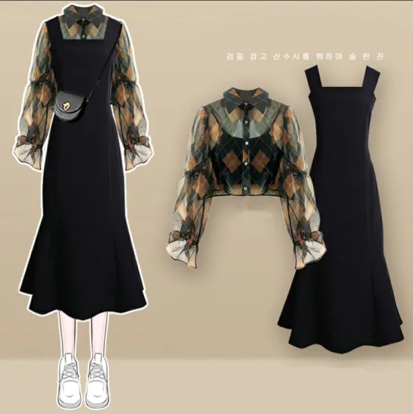 おしゃれ度高めプリントシアーシャツ+キャミソール＋ボウタイワンピース３点セットアップ