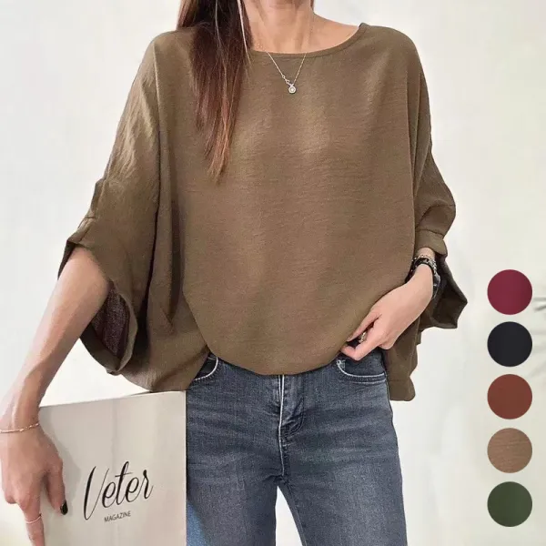 女性らしさ全開♡ ランダムティアード 無地 五分袖 ドルマンスリーブ ラウンドネック カジュアル Tシャツ ブラック 黑 レッド