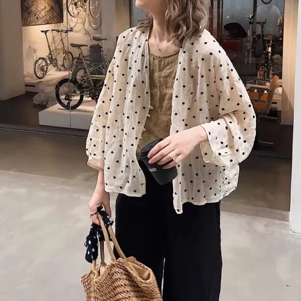 お買い得！シングルブレストボタンドット柄長袖Vネックシンプルカーディガン