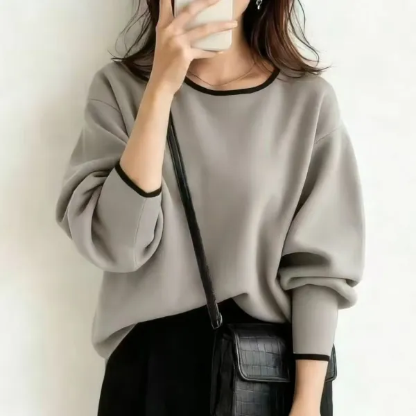 新作 体型カバー 着痩せ効果 配色切替 ラウンドネック 長袖Tシャツ プルオーバー 3色