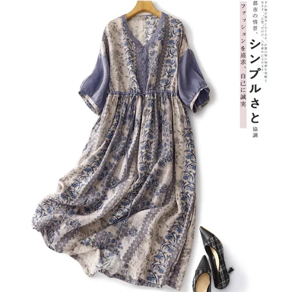 夏新作♪青花磁風プリント ラミー素材Vネックワンピース 涼やかで気品あふれる大人ナチュラルスタイル