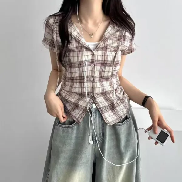 韓国風chic♪ サイドドロストでシルエット調整OK レトロチェック柄 フード付き半袖シャツ カジュアルおしゃれトップス
