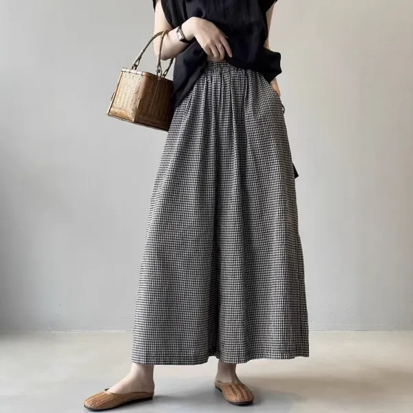 レトロチェック柄リラックスワイドパンツ レディース ゆったり慵懒スタイル 夏薄手 ハイウエスト 九分丈コットンリネンパンツ  （电商点击款👇） レトロチェック♪涼やかコットンリネン素材 ハイウエストで脚長見え ゆったり楽ちん九分丈ワイドパンツ