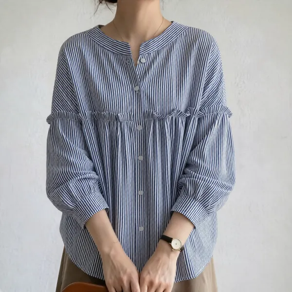 新作入荷オシャレ感ラウンドネック長袖シングルブレストレディースストライプ柄ボーダー＆無地シャツ・ブラウス