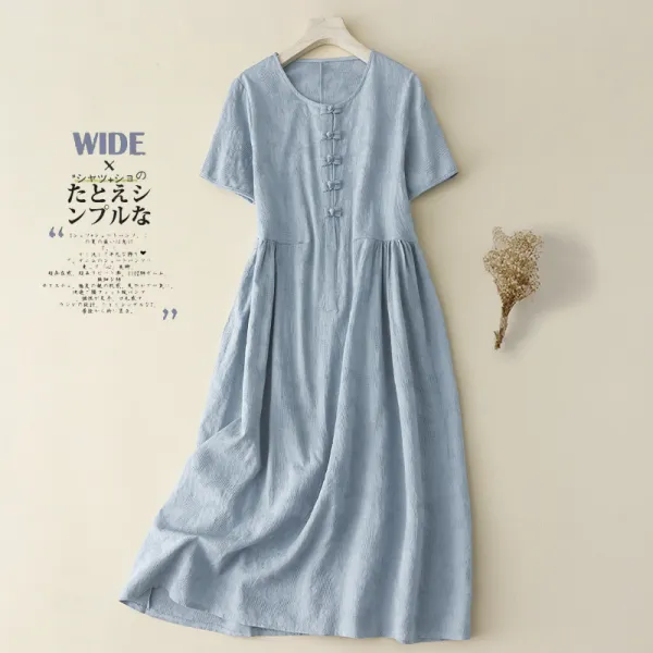 ワンピース  エスニックスタイル  ベージュ  エスニック  コットン  半袖  ゆったり  ロング  夏服  綿麻  ジャカード  リネン