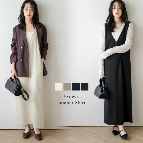 無地  ワンピース  タンクトップ  ノースリーブ  ゆったり  ロング  Vネック  なし