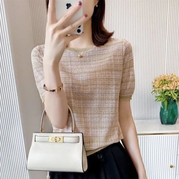 透かし彫り  シルク  ストライプ柄  ニット  半袖  ゆったり  夏服  デザイン  薄  インナー  新作  デザイン性  レディース