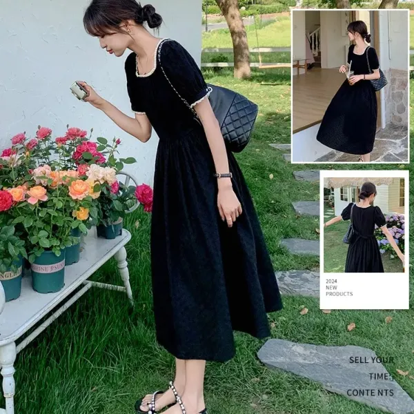 新作 韓国風 レトロ 小柄向け スクエアネック ヘップバーン風ワンピース