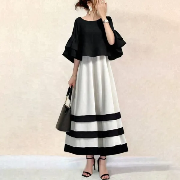 トレンド継続中！着回し力抜群 五分袖 配色 ギャザー フレア袖 切り替え フェミニン ワンピース