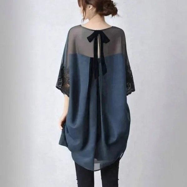 チュニック チュニックワンピース レース 五分袖 チュニックブラウス 春夏 春秋 バックリボン 蝶結び ブラウス レディース トップス シャツ オーバーサイズ 大きいサイズ ゆったり 体型カバー 大人 可愛い カジュアル 着回し 送料無料