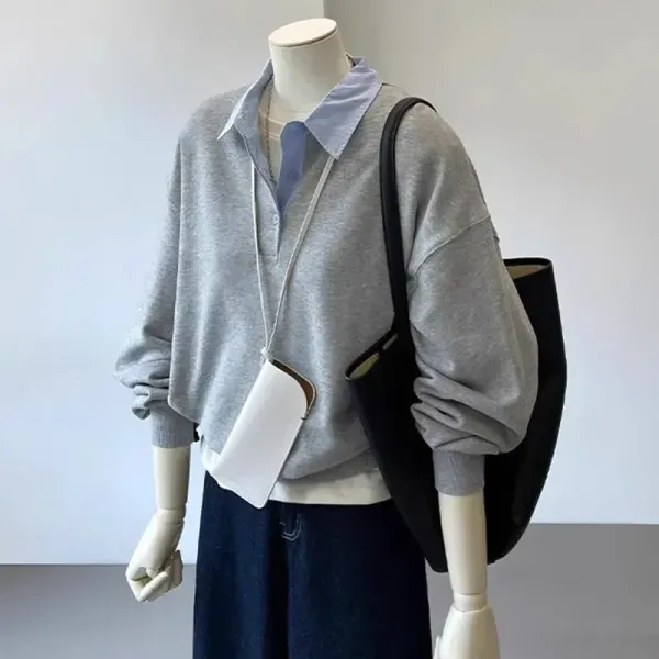 韓国人気新品 無地 折り襟 長袖 切り替え プルオーバー 韓国系 パーカー/ジャージ