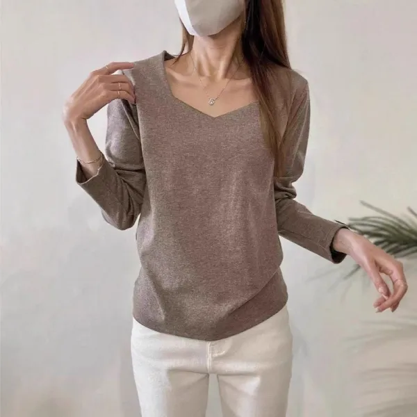 大人女子必見! 長袖 柔軟加工 スイートハート・ネック プルオーバー 無地 定番 Tシャツ