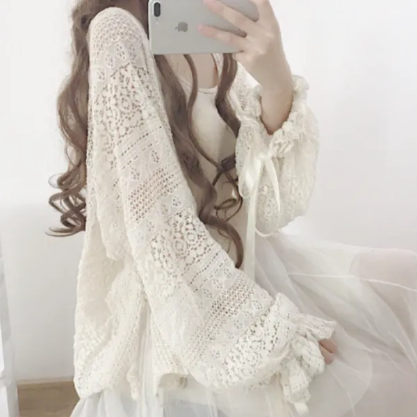 【全4色】女っぽさが漂う! 軽くて薄手 レース 透かし彫り ボウタイ 長袖日焼け止め カーディガン