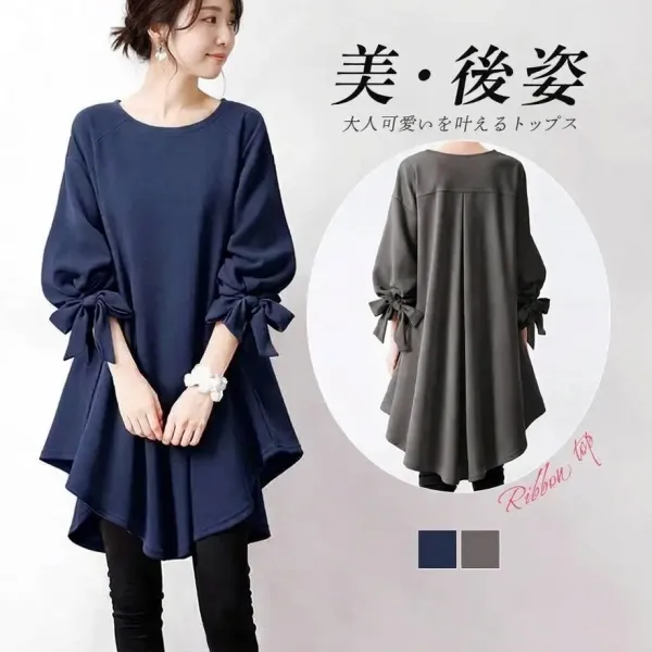 「奇跡の再販」 リボン 七分袖 無地 ラウンドネック リボン結び ファッション チュニック