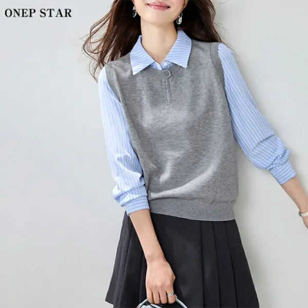 ストライプシャツレイヤード風トップス レディース トップス シャツ ニットベスト レイヤード風 きれいめ 大人カジュアル 春 秋 20代 30代 40代 50代 ワンピスター