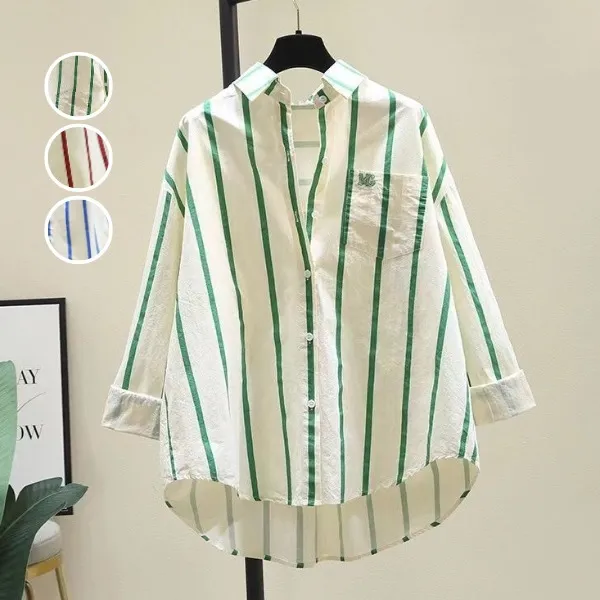 『今売れてます!』 ストライプ柄 カジュアル 万能アイテム 体型カバー シングルブレスト シャツ
