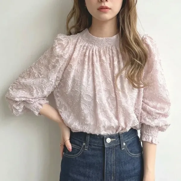 【全5色】ブラウスパフスリーブ長袖花模様無地  | 売れ筋