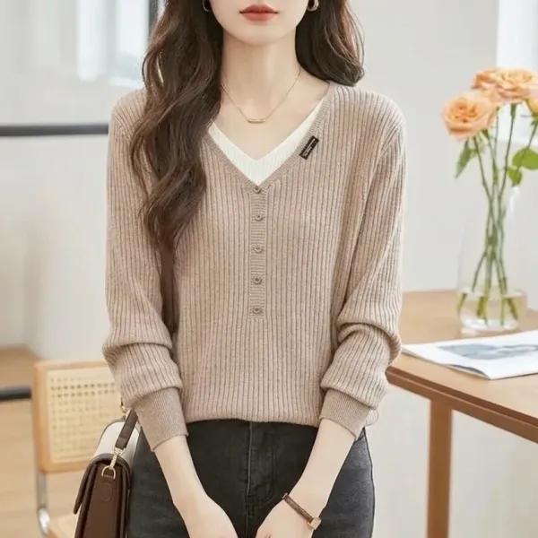 「今着たい」レイヤード/重ね着風無地Vネック長袖ボタンカジュアルニット・セーター