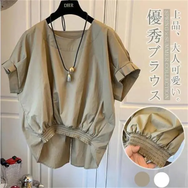 夏 クール 通気 腹部カバー ルーズ ラウンドネック フロントショート バックロング 半袖 シャツ 夏服 夏コーデ ファッション 今日のコーデ 大人コーデ レディース