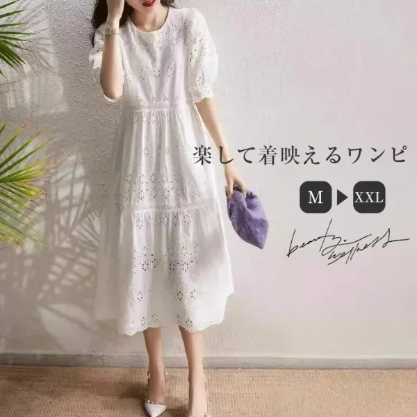 夏新作 レディース フレンチガーリー刺繍レースワンピース パフスリーブ 半袖 白 コットン100％