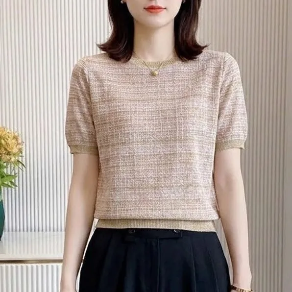 新作 デザイン感 ストライプ ゆったり 透かし編み ニットトップス