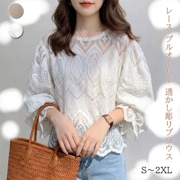 気質アップ エレガント レディース レース 切り替え ゆったり トップス 無地 ラウンドネック ブラウス