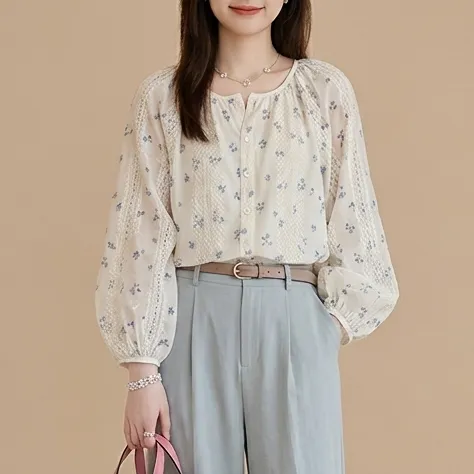 人気商品再入荷 コーディネート自在  長袖 プリント 花柄 ラウンドネック ガーリッシュ シフォンシャツ