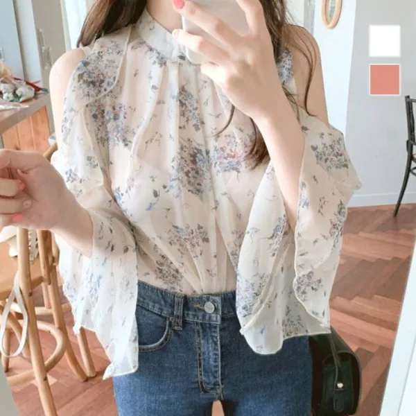 夏新作♪ 韓国風オフショルダー×花柄 フレア袖で華やか＆女性らしさUP シフォンブラウストップス