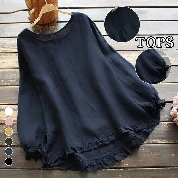 多色展開レディース綿麻無地ギャザー切り替えラウンドネック体型カバーシャツ・ブラウス