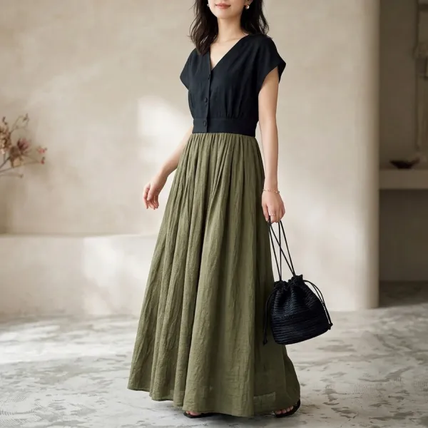 Vネック美シルエットワンピース｜細見え・上品・ミモレ丈・通勤デート兼用