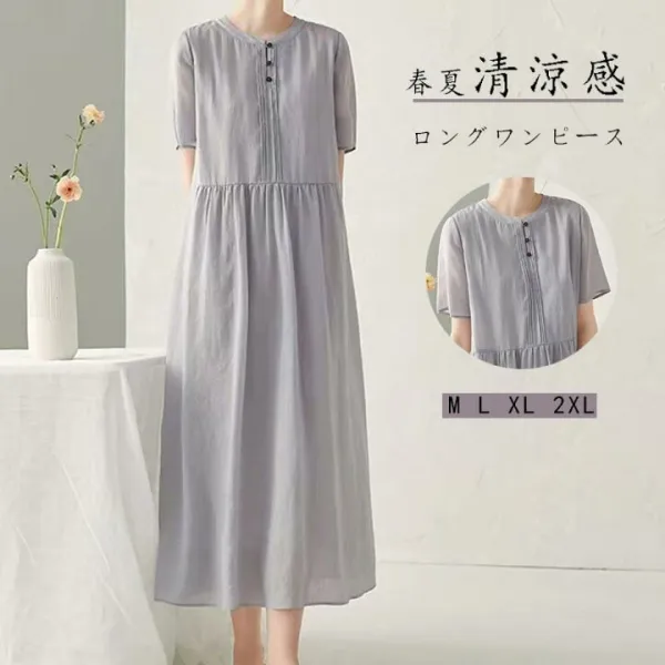 シャツワンピース レディース 半袖 ワンピース 綿麻風 春夏 ロングワンピース 体型カバー ゆったり バンドカラー 半袖シャツワンピース 無地 シンプル かわいい aライン 涼しい ハイウエスト キャザー 大きいサイズ カジュアル 20代 30代 40代 50代 着痩せ 可愛い 送料無料