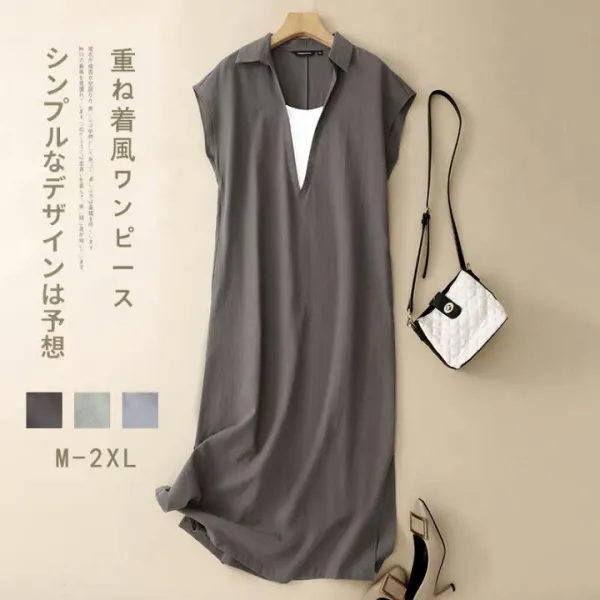 Vネック ノースリーブ ワンピース 重ね着風 ロングワンピース レディース 綿麻風 配色 マキシ丈ワンピース リネン混 大きいサイズ 体型カバー ゆったり ロング丈 Vネックワンピース aライン 着痩せ 袖なし きれいめ カジュアル シンプル ナチュラル 通勤 送料無料