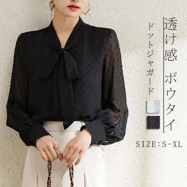 シアー スリーブ ブラウス ドットジャガード レディース 薄手 長袖シャツ ドット柄 ボウタイ シャツブラウス 前開き ドットシャツ 体型カバー ゆったり トップス ブラウス 長袖  柔らかい シンプル ボタン 水玉柄 通気性 通勤 OL きれいめ エレガント おしゃれ 大人可愛い