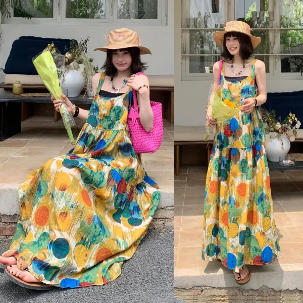 最後の3日間☀️夏商品先行セール！60%OFF！🚀大人気商品アート油絵風ゆったりレトロ着痩せ効果ノースリーブワンピース