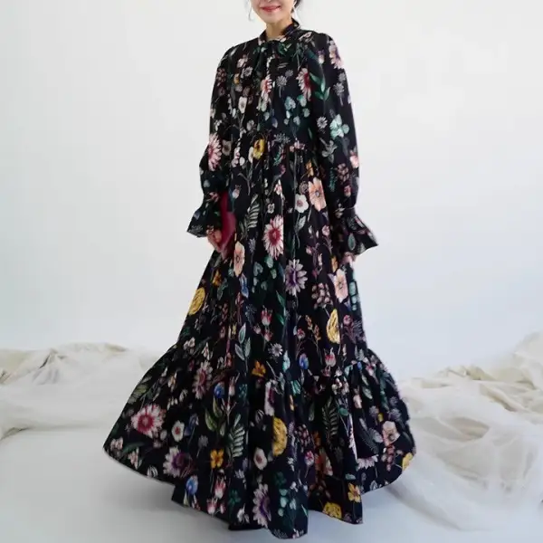 💓大好評💓春秋韓国風chicエレガント花柄フレア長袖ワンピース