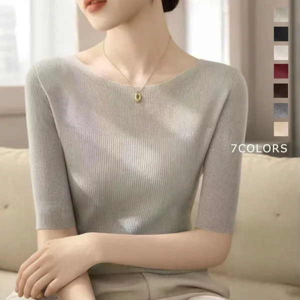 【全7色】ニットオフショルダ無地切り替え五分袖  | 大人が着たいアイテム